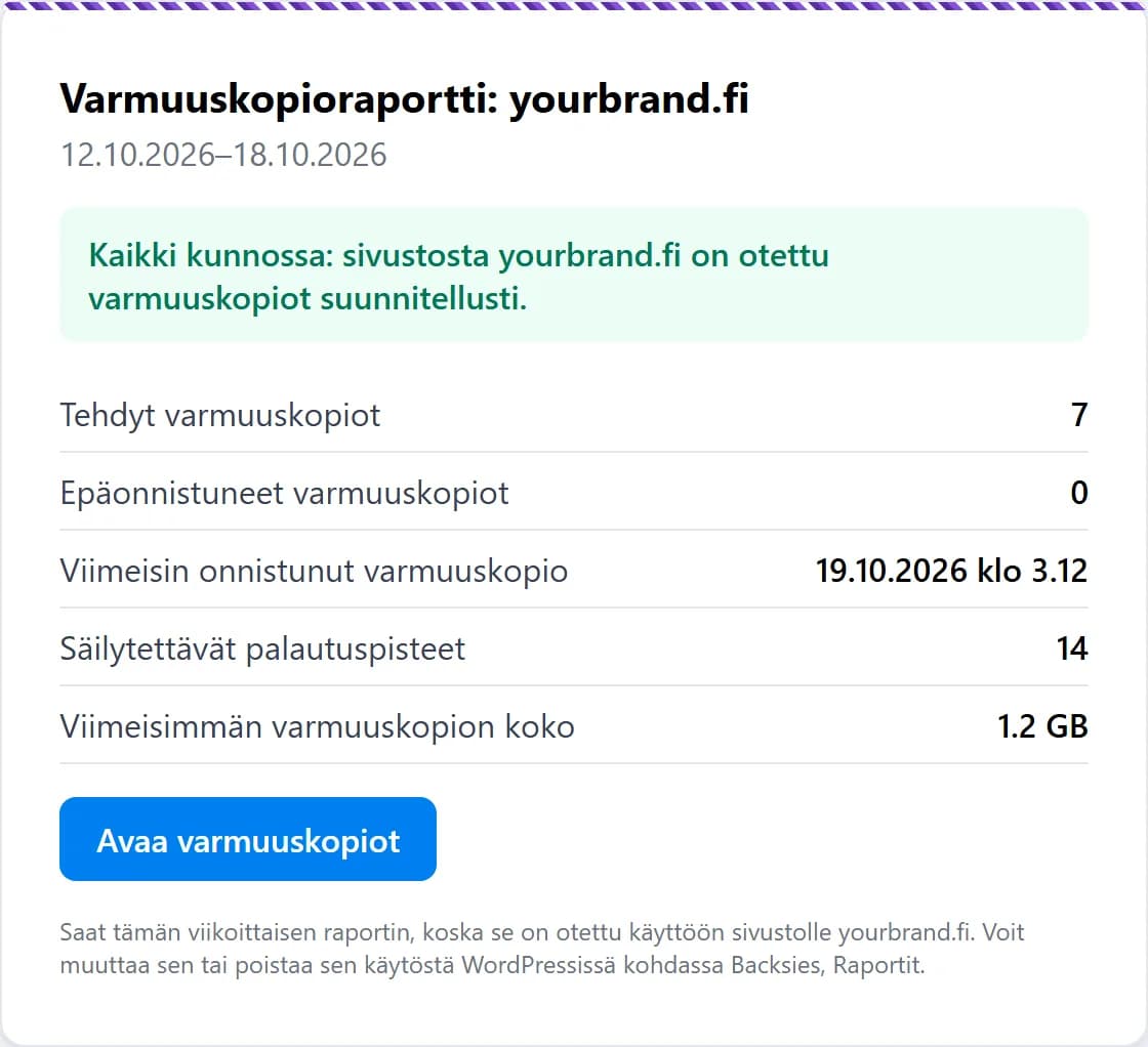 Tehdyt varmuuskopiot, epäonnistumiset, viimeisin onnistunut varmuuskopio ja palautuspisteet