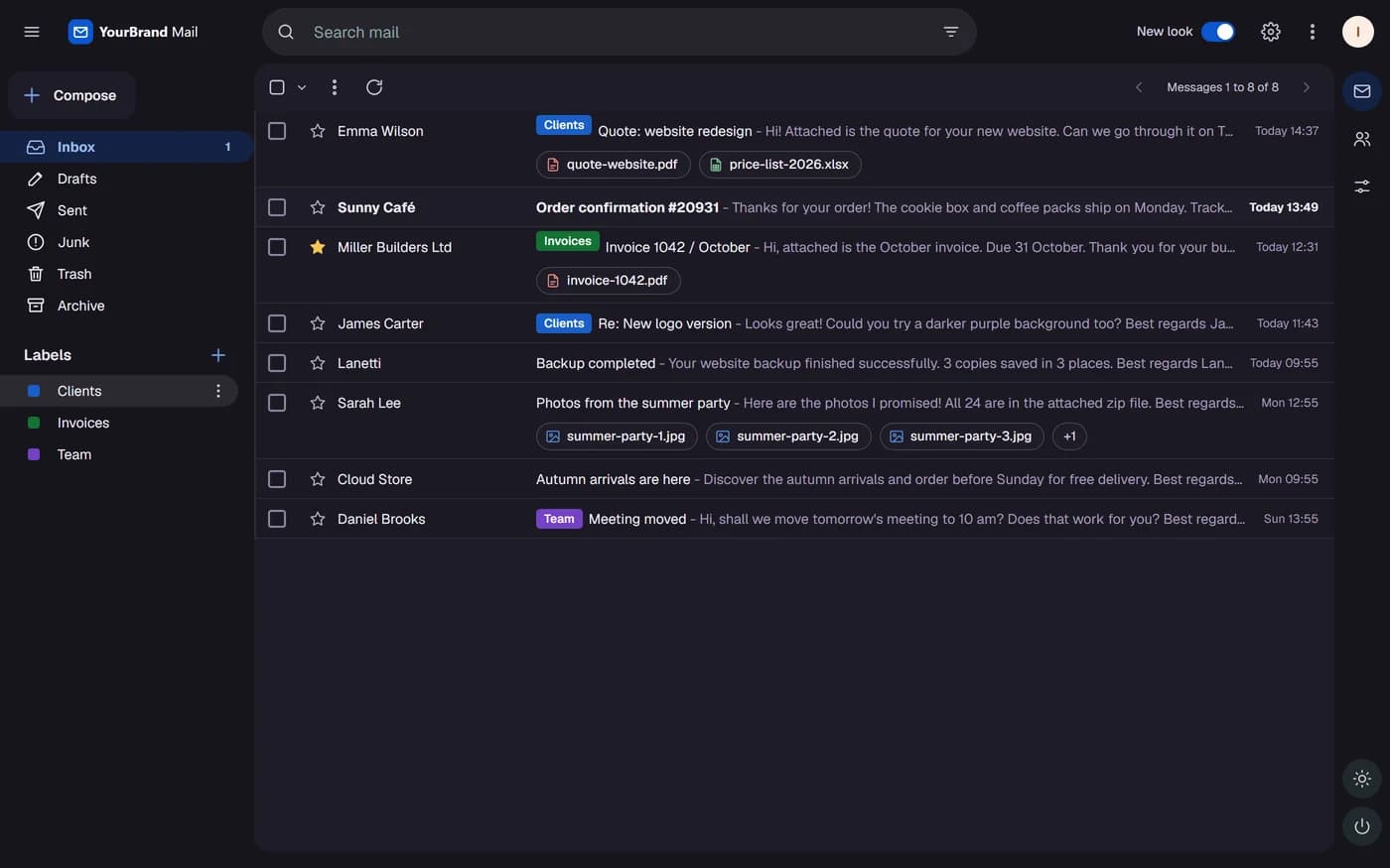 The same inbox in dark mode