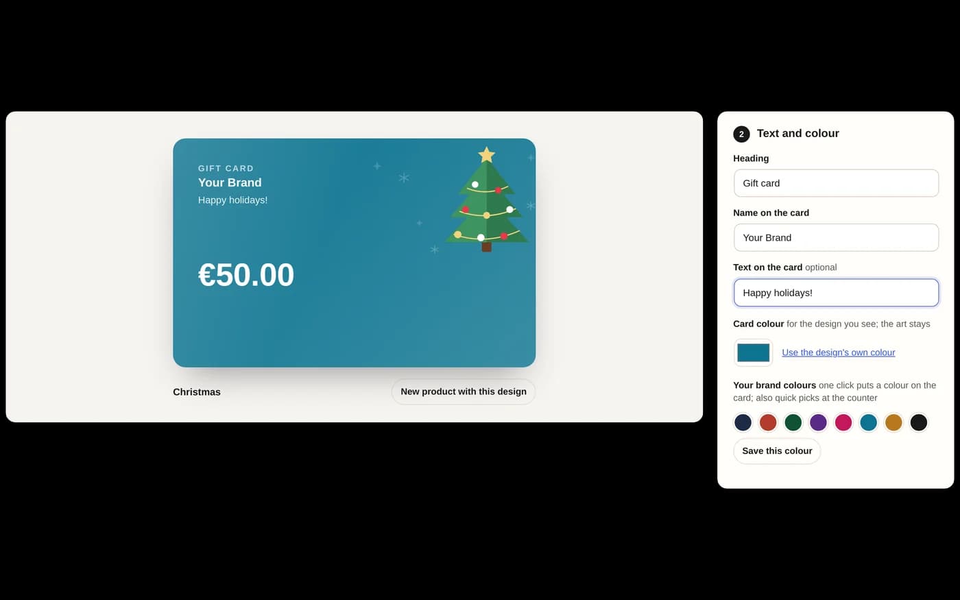 Gift card designer: one colour picker for every design