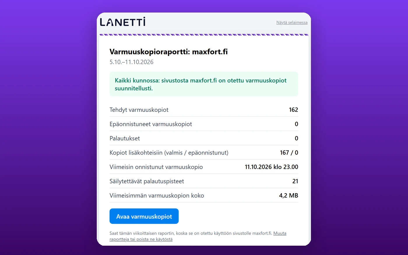 Viikoittainen varmuuskopioraportti