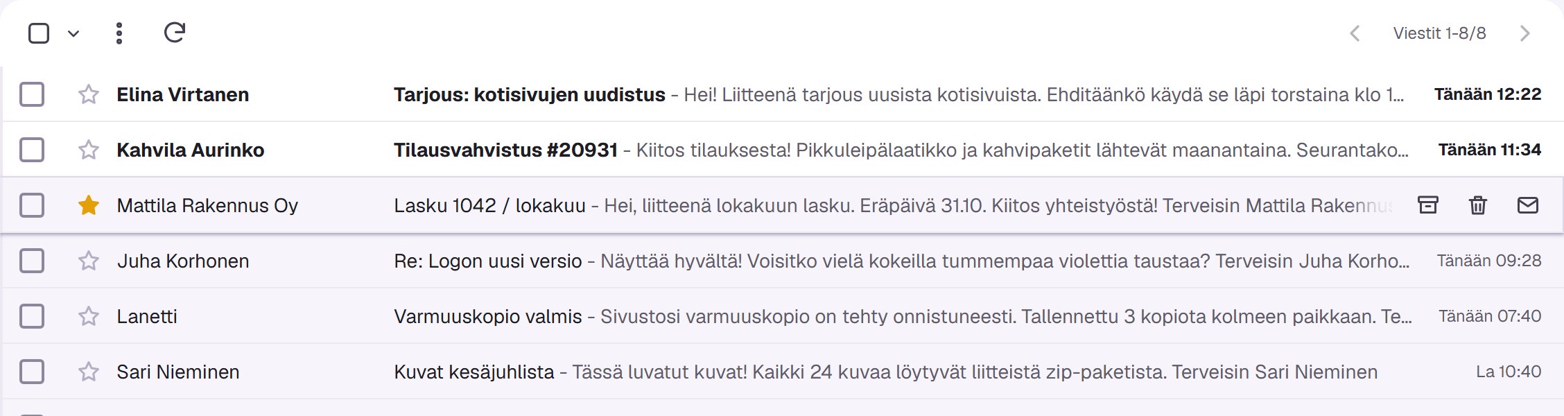 Arkistoi-, poista- ja luettu-painikkeet viestirivillä