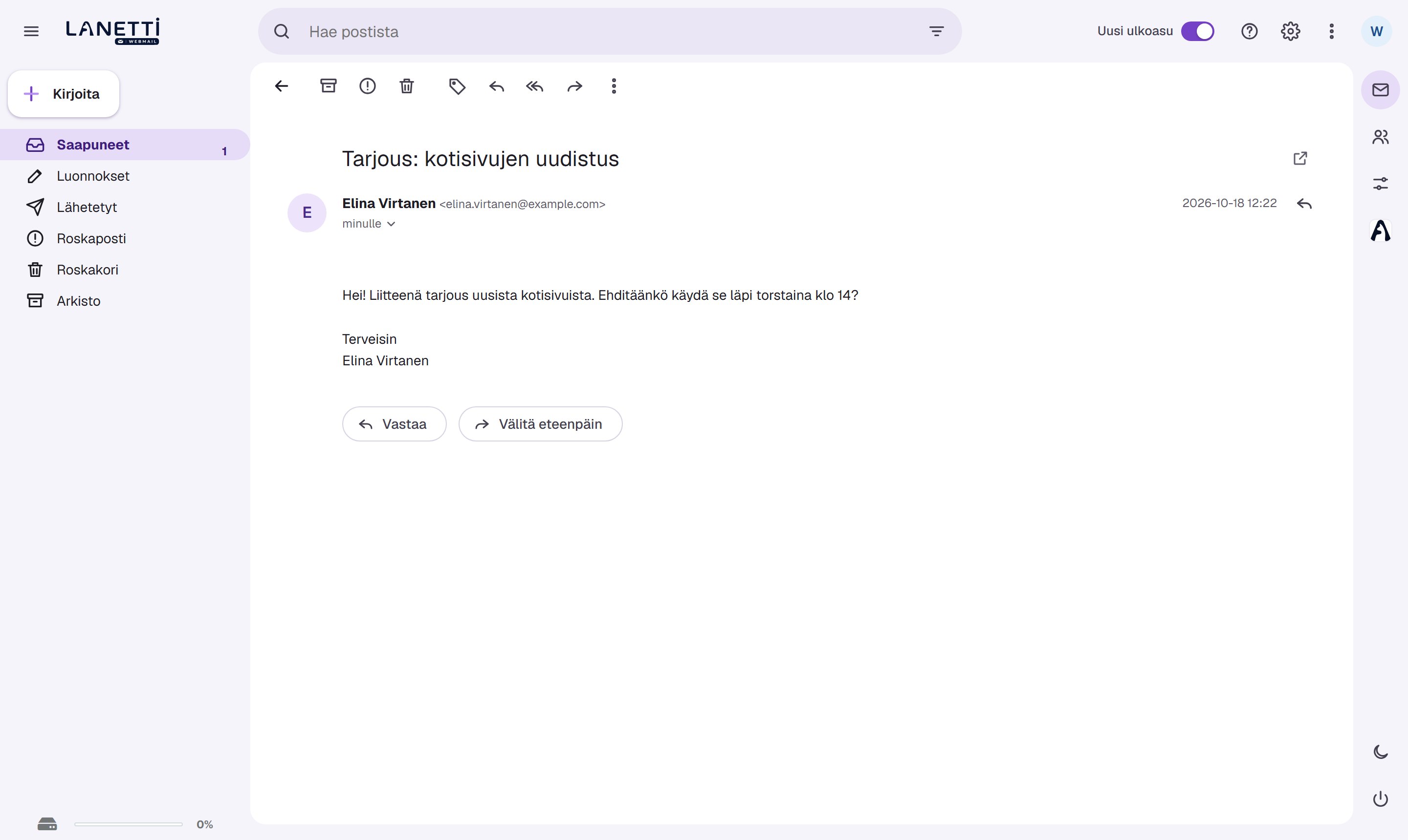 Viesti avattuna koko näytölle