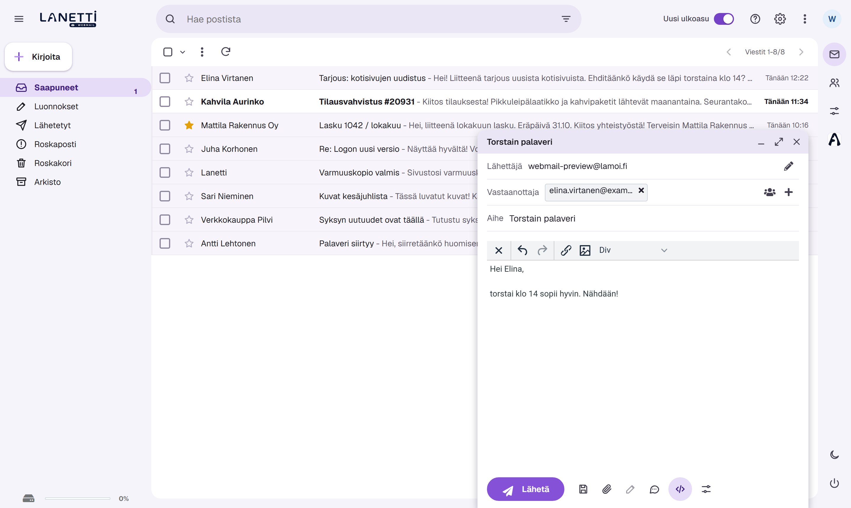 Kirjoitusikkuna viestilistan päällä